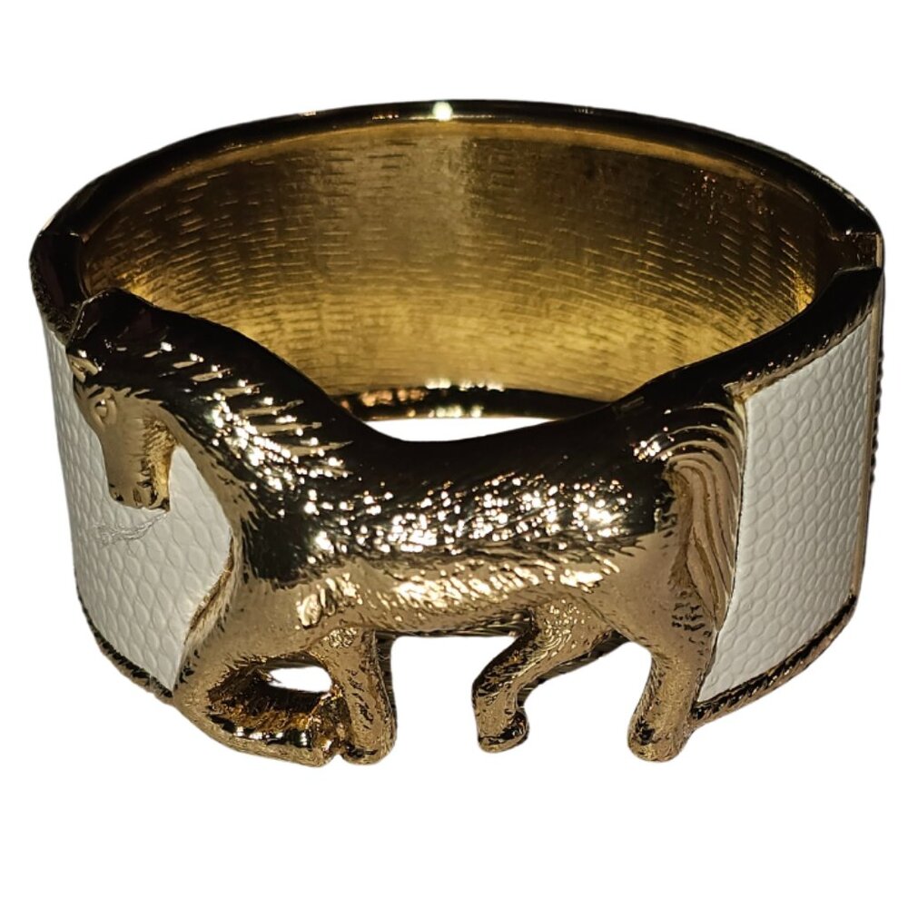 NWOT Gift for a Horse lover gold tone & white fashion bracelet with hinged close